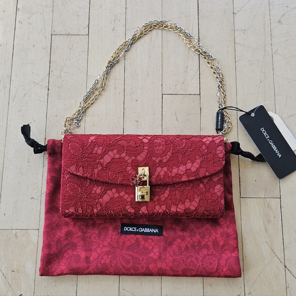 Dolce & Gabbana Raspberry Burgundy Red Lace Clutch Chain Handbag Purse NWT